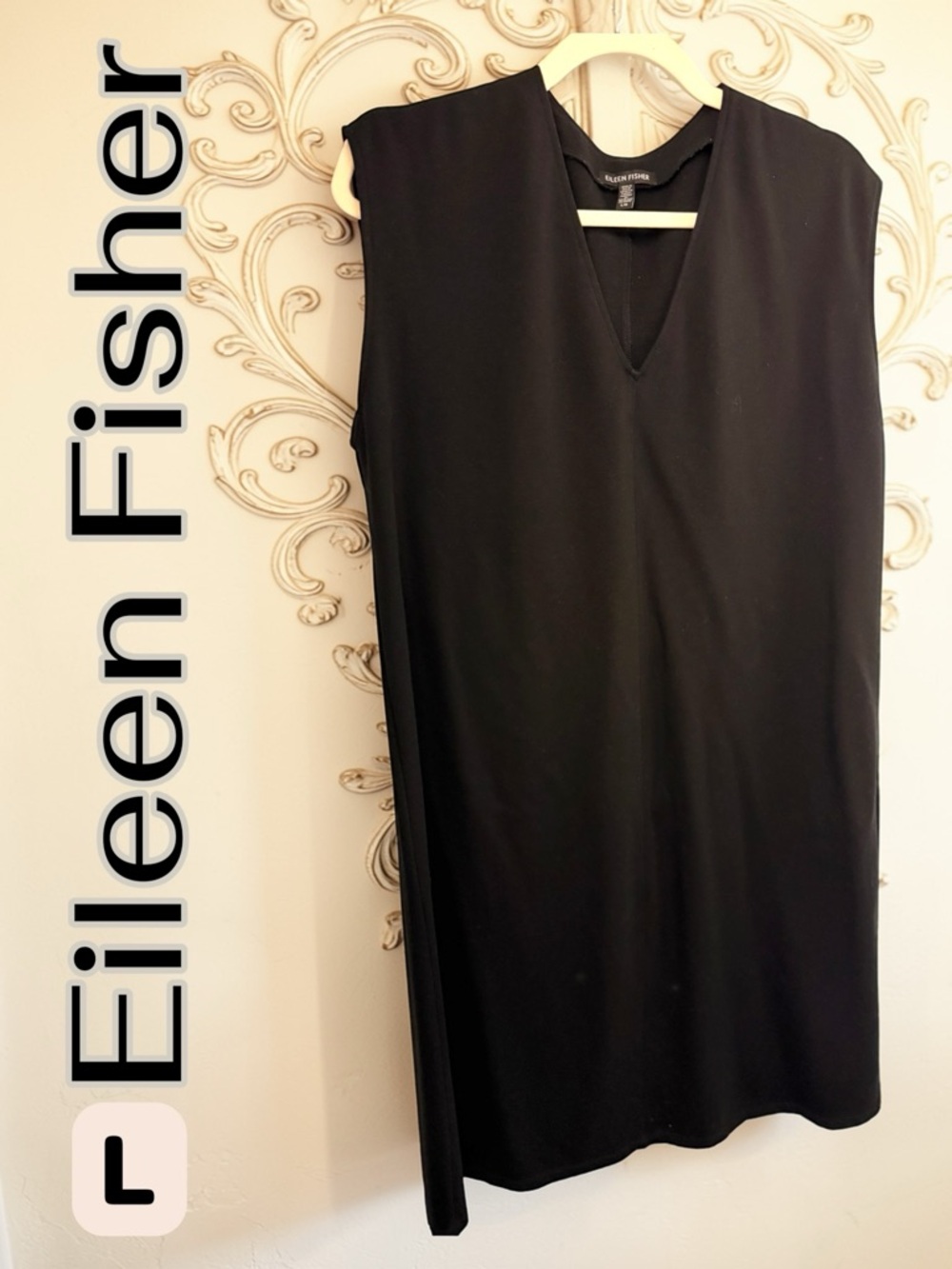 Eileen Fisher Black V-Neck Sleeveless Shift Dress
